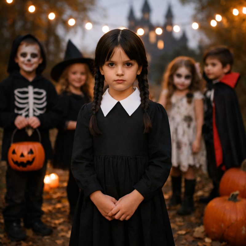 Halloween-kjole til børn - Wednesday Addams-inspireret sort kjole