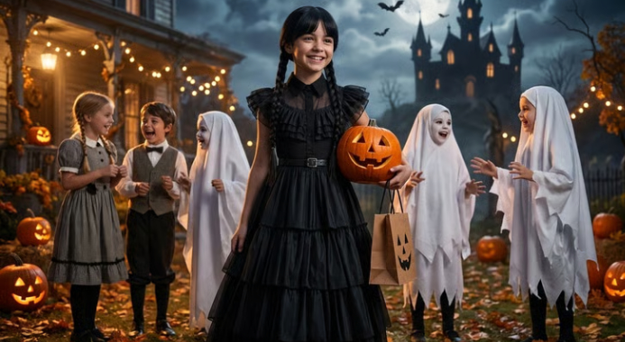 Wednesday Addams-inspireret kjole til børn - Halloween-kostume (2)