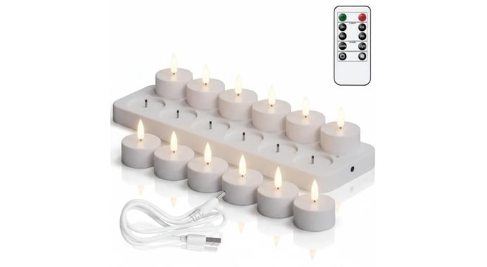 Deal på 12 stk. genopladelige LED-fyrfadslys med fjernbetjening og timer - flimrende varmelys til Halloween, jul og festdekorationer