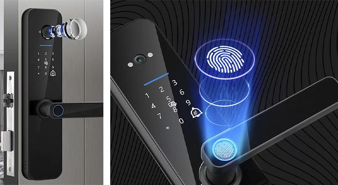 Smart dørlås: Wi-Fi-aktiveret elektronisk system med biometrisk kamera, fingeraftryk, smartkort og adgangskode
