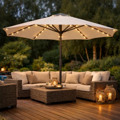 Luksus LED-parasol med solceller - perfekt til sommerdage