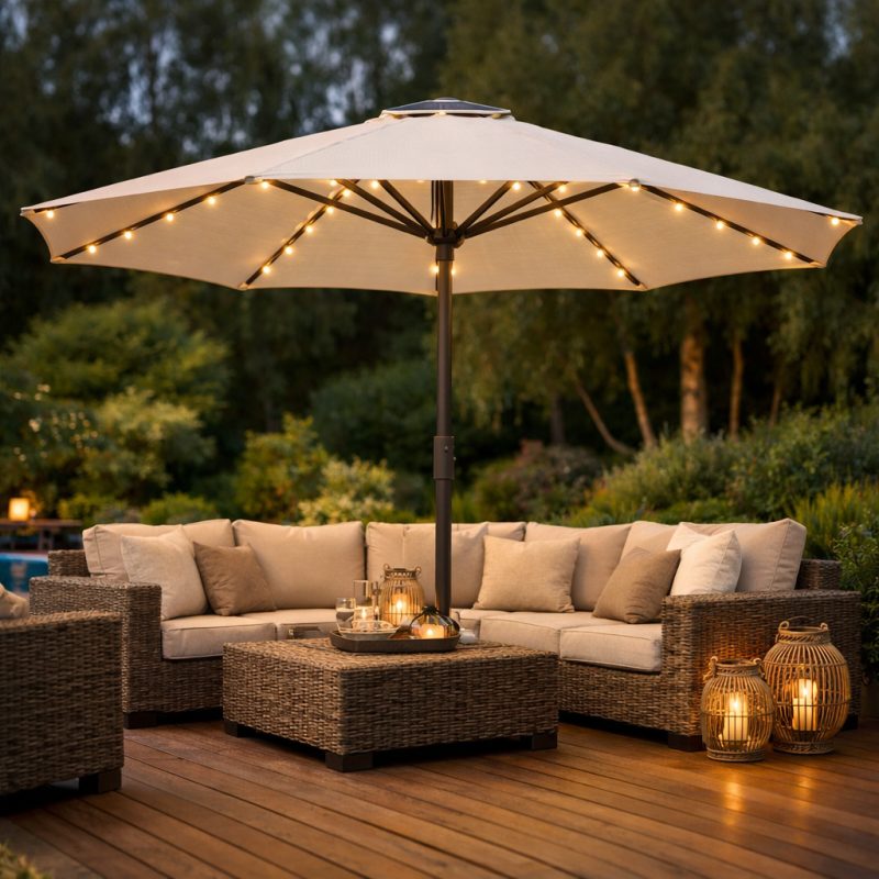 Luksus LED-parasol med solceller - perfekt til sommerdage