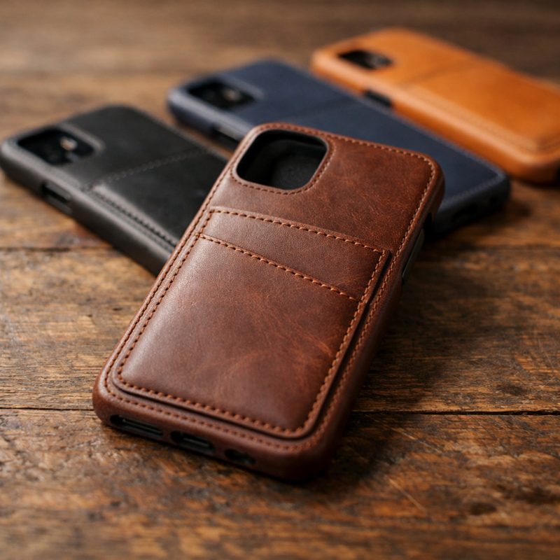 Stilfuldt lædercover velegnet til iPhone og Samsung - har også har plads til kort og sedler