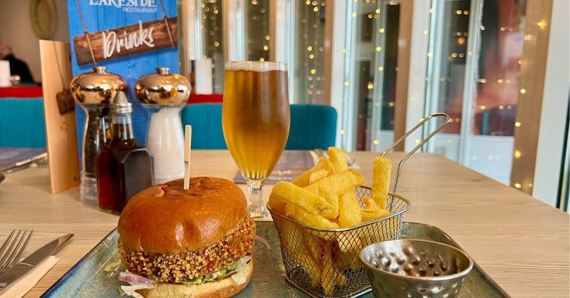 Burger with Chips & Salad at Lakeside Fish & Chips