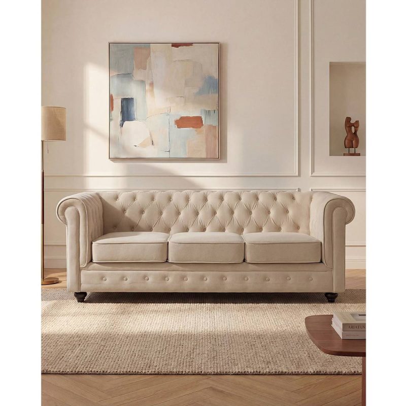 Vente-unique 3-Personers Beige Velour Sofa 205cm 3 personers