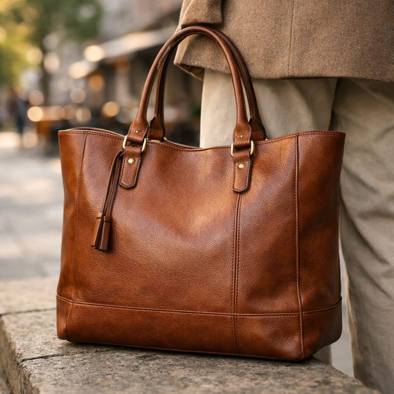Vintage tote taske i vegansk læder - klassisk skuldertaske, rummelig og let, med flere lommer