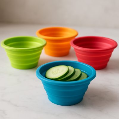 Praktiske sammenklappelige silikoneskåle til madopbevaring