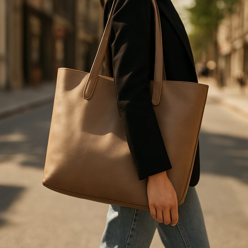 Vintage tote taske i vegansk læder - klassisk skuldertaske, rummelig og let, med flere lommer