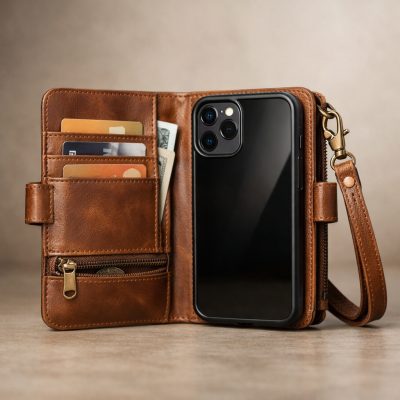 Multifunktionelt iPhone læder-wallet cover med strop