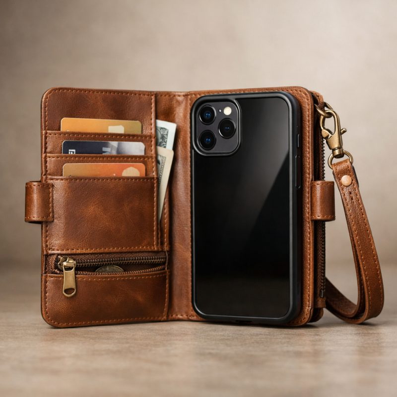 Multifunktionelt iPhone læder-wallet cover med strop
