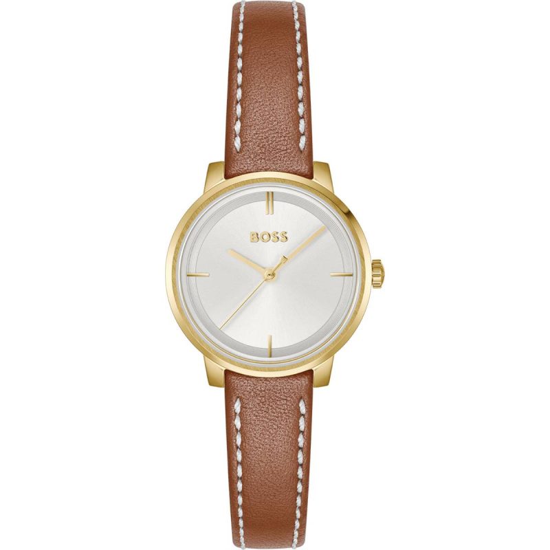 BOSS Women's Gold Case White Dial Brown Leather Strap Watch