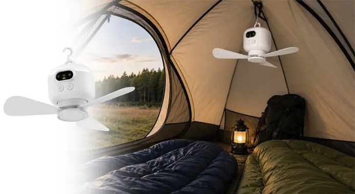 Bærbar loftventilator til camping med kraftig batteritid, fjernbetjening og indbygget natlys – perfekt til telt, kollegieværelse og hjemmet