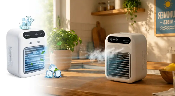 Genopladelig og støjsvag luftkøler med 500 ml vandtank, der giver 8–10 timers køling