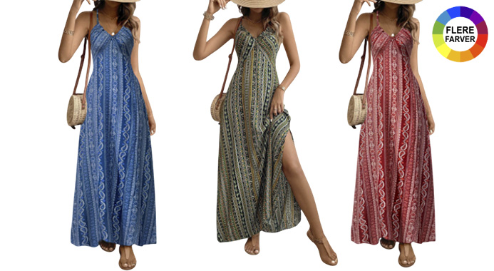Sommerkjole til kvinder med etnisk mønster, åben ryg og boho-inspireret stil