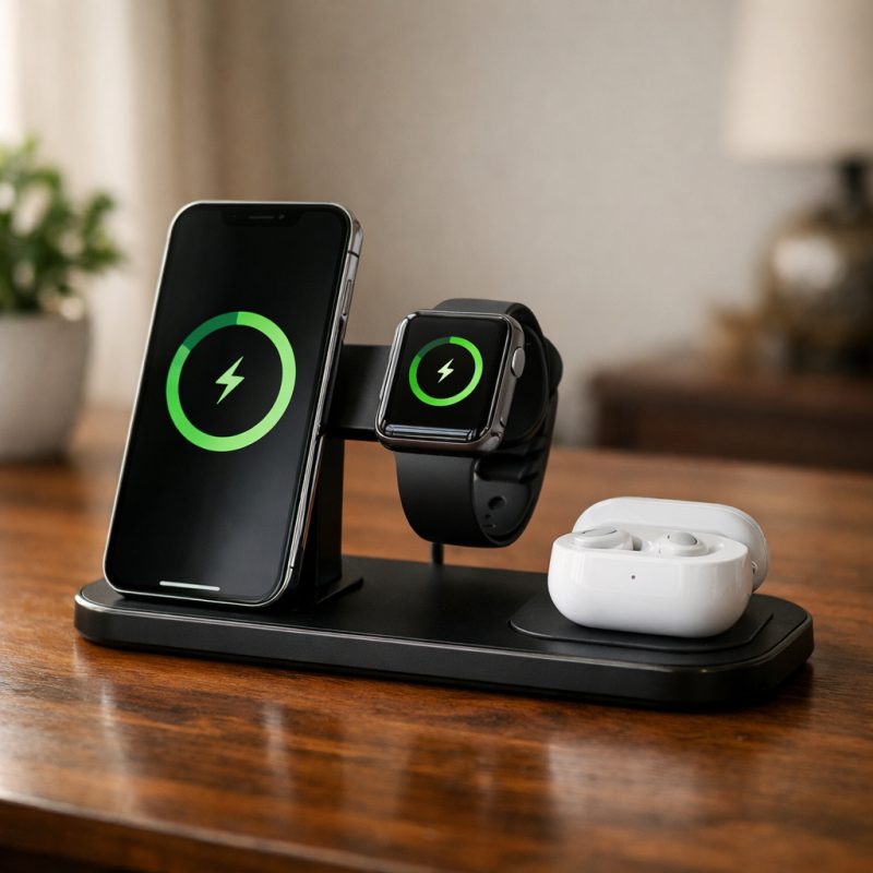 3-i-1 trådløs oplader til smartphone, smartwatch og headset